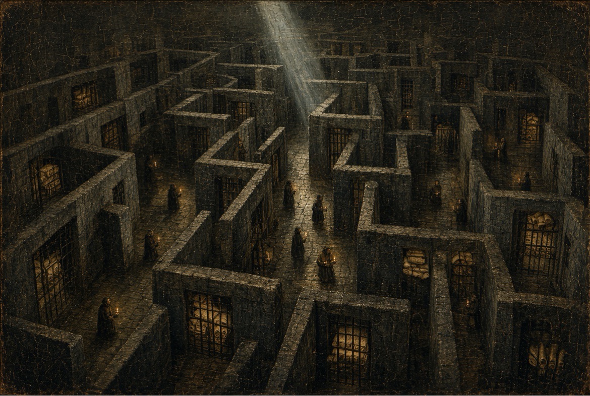 The maze — scholars wandering torch-lit stone corridors of locked gates